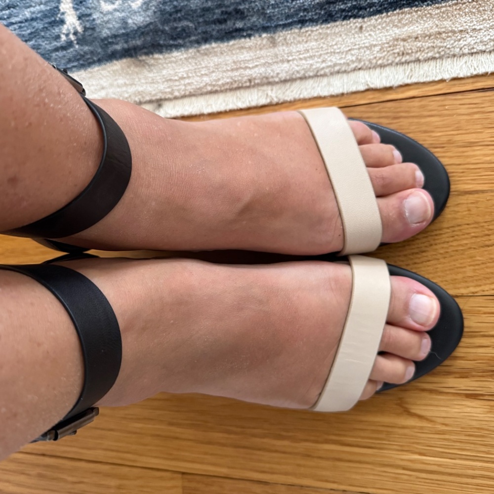 BCBGeneration beige/black wedge sandals, size 7 medium